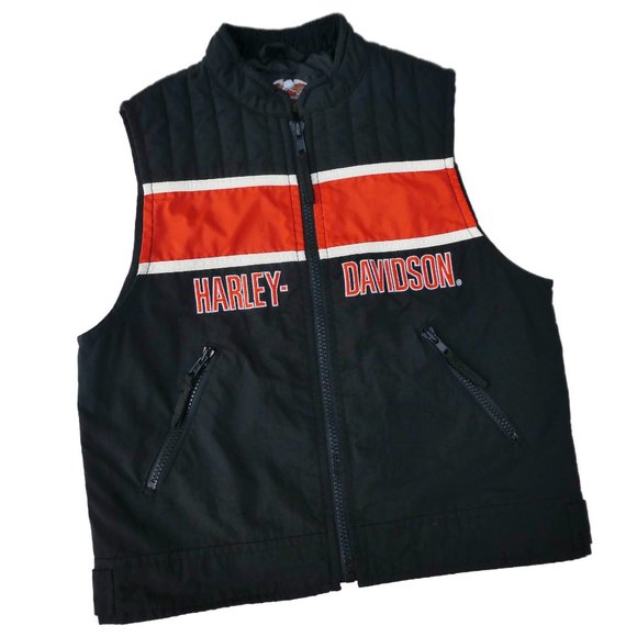 Harley Davidson Racing Vintage 90s Vest Black Orange Stripe Full Zip Pockets M